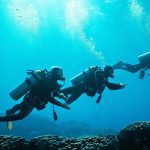 A team of advanced divers follows a guide along a steep, deep wall at St. John's Reef, a highlight of Marsa Alam's Deep South.
